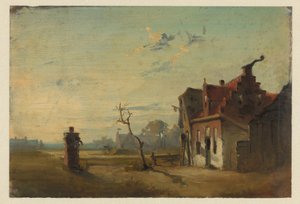 Landschaft mit Bauernhaus und Wasserpumpe