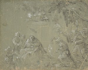 Versuchung des heiligen Antonius (recto), Fantastische Landschaft (verso), ca. 1520 von Jan Wellens de Cock.