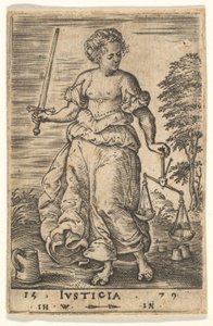 Gerechtigkeit, eine allegorische Figur mit einer Waage in der linken Hand und einem Schwert in der rechten von Jan Wierix