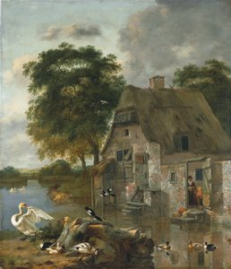 Schwäne, Enten und andere Vögel vor einem Häuschen am Wasser von Jan Wijnants