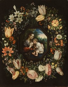 Madonna und Kind in einem Blumenkranz, ca. 1625 von Jan and Balen, Hendrik van Brueghel