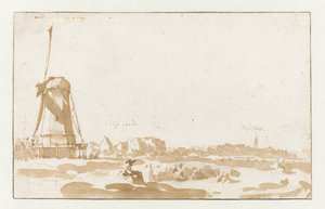 Ansicht einer Mühle vom Rheinufer von Jan de Bisschop