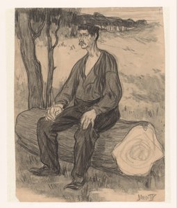 Mann sitzend auf Baumstamm von Jan de Waardt (signed by artist)