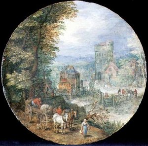 Eine ausgedehnte bewaldete Landschaft mit Stadt, Mühle und Bauern von Jan the Elder Brueghel