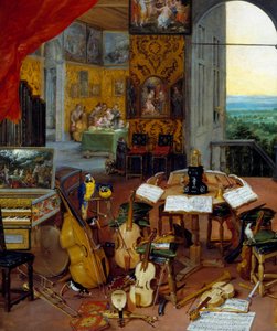 Detail des Hörens, das Musikinstrumente darstellt (Cello, Violine, Laute, Flöte, Cembalo) von Jan the Elder Brueghel