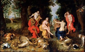 Dianas Rast auf der Jagd, spätes 16. oder frühes 17. Jahrhundert von Jan the Elder Brueghel