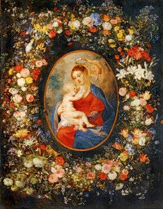 Die Jungfrau, das Jesuskind und Engel in einer Blumengirlande. Medaillon Rubens von Jan the Elder Brueghel