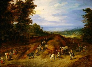 Landschaft mit Bauern, Karren und Tieren von Jan the Elder Brueghel