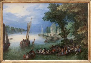 Flusslandschaft oder die Barke. Ölgemälde auf Kupfer von Jan Brueghel, genannt Brueghel de Velours (1568-1625), um 1605. Fotografie, KIM Youngtae, Nantes, Musée des Beaux Arts de Nantes von Jan the Elder Brueghel