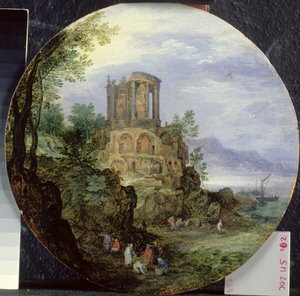 Südküstenlandschaft mit dem Tempel der Vesta in Tivoli von Jan the Elder Brueghel
