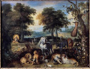 Das irdische Paradies. Verschiedene Tiere leben im Garten Eden zusammen, unten links erschafft Gott Eva aus einer Rippe Adams. von Jan the Elder Brueghel