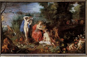 Die vier Elemente Drei Grazien in einer Waldlandschaft, mit Gemüse (Kohl, Kürbisse, Artischocken, Karotten, Paprika), Früchten (Pflaumen, Granatäpfel, Pfirsiche), Fisch, Schalentieren