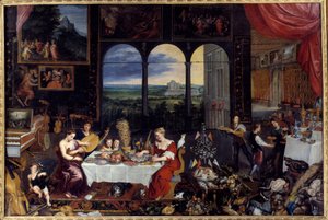 Der Geschmack, das Hören und das Berühren. Allegorie der fünf Sinne Das Mahl einer reichen Familie: Geflügel und Meeresfrüchte (einschließlich Austern) bilden das Bankettmenü. Gemälde von Jan I Brueghel Dit De Velours (1568-1625) Ec. Flam von Jan the Elder Brueghel