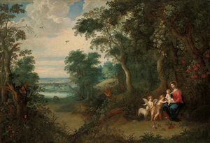 Eine bewaldete Landschaft mit der Jungfrau und dem Kind, dem kleinen Johannes dem Täufer und einem Engel