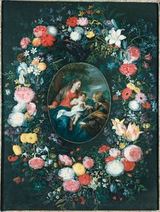 Die mystische Hochzeit der hl. Katharina in einer Landschaft, umgeben von einem Blumenkranz von Jan Brueghel the Younger