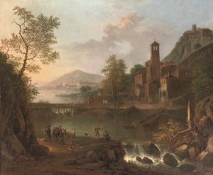 Italienische Flusslandschaft mit Maultiertreiber und Anglern, eine Hügelstadt im Hintergrund