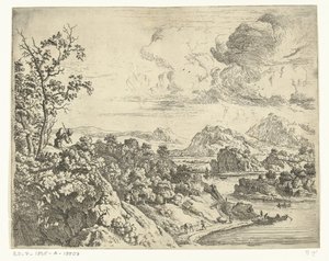 Flusslandschaft mit Mann mit Paket auf dem Rücken