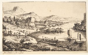Flusslandschaft mit Reisenden, rechts ein Lastkahn und zwei Segelboote von Jan van Almeloveen