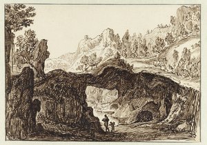 Felsige Berglandschaft mit zwei Reisenden im Vordergrund von Jan van Almeloveen