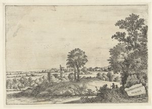 Landschaft mit zwei Männern auf einem Sandweg und Blick auf ein Dorf von Jan van Brosterhuyzen
