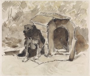 Hund, angeleint sitzend vor seiner Hütte von Jan van Essen