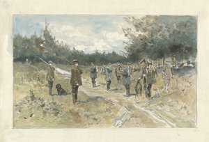 Landschaft mit Gruppe von Jägern nach der Jagd auf der Leusderhei von Jan van Essen