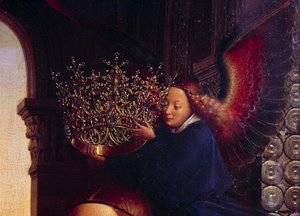 Ein Engel krönt die Jungfrau. Detail von „Die Jungfrau des Kanzlers Rolin“. Nicolas Rolin (1376-1461) war Kanzler von Burgund unter Philippe Le Bon und Gründer der Hospices de Beaune im Jahr 1443. Gemälde von Jan van Eyck (1390-1441) von Jan van Eyck
