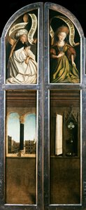 Der Genter Altar. Anbetung des mystischen Lammes: Gewölbtes Fenster mit Aussicht..., 1432 von Jan van Eyck