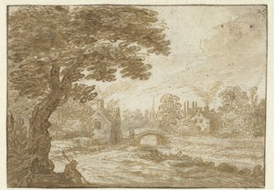 Landschaft mit Häusern und einer kleinen Brücke