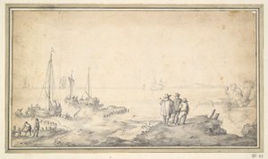 Drei Figuren auf einer Düne mit Blick auf die Bucht mit Schiffen