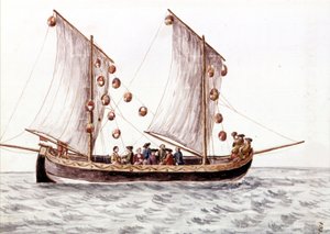 Ein venezianischer Trabac mit Laternen, Fischerboot, das in flachen Gewässern wie der Adria verwendet wird. Aquarellzeichnung und Tinte aus dem Manuskript „Sitten der Venezianer“ von Jan van Grevenbroeck (oder Giovanni Grevembroch (Grevenbroch) (1731-1807)