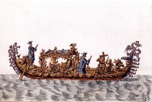Eine königliche Gondel. Aquarellzeichnung und Tinte aus dem Manuskript „Sitten der Venezianer“ von Jan van Grevenbroeck (oder Giovanni Grevembroch) (1731-1807) von Jan van Grevenbroeck