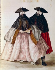 Karnevalsfiguren in Venedig, Illustration aus dem illustrierten Buch der venezianischen Kostüme, von Jan Grevenbroeck, Aquarell, Italien