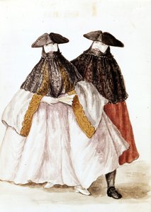 Masken des Karnevals von Venedig. Aquarellzeichnung und Tinte aus dem Manuskript „Sitten der Venezianer“ von Jan van Grevenbroeck (oder Giovanni Grevembroch (Grevenbroch) (1731-1807) von Jan van Grevenbroeck