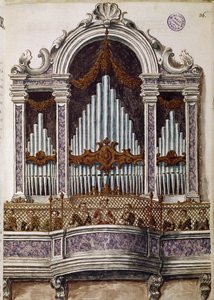 Waisen singen, Orgel des Chors der Kirche des Ospedale della Pietà, Venedig. Aquarellzeichnung und Tinte aus dem Manuskript „Sitten der Venezianer“ von Jan van Grevenbroeck (1731-1807)