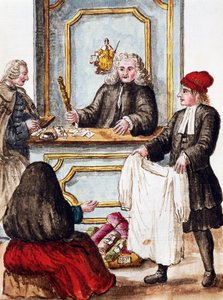 Pfandleihe, Illustration aus Illustriertes Buch der venezianischen Kostüme, von Jan Grevenbroeck (1731-1807), Aquarell, Italien