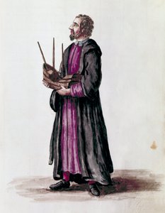 Darstellung eines Schiffbauers, er hält in seinen Händen das Miniaturmodell des Schiffes, das er gebaut hat (Detail). Aquarellzeichnung und Tinte aus dem Manuskript „Sitten der Venezianer“ von Jan van Grevenbroeck (oder Giovanni Grevembroch) (1731-1807) von Jan van Grevenbroeck