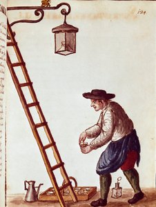 Kleine Berufe: Lampen anzünden Aquarellzeichnung und Tinte aus einem Manuskript von Jan van Grevenbroeck (1731-1807)