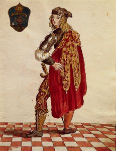Ritteranzug der Bruderschaft de la Calza (Stocking) im Jahr 1564, aus Gli Abiti de Veneziani, illustriertes Kostümbuch von Jan van Grevenbroeck