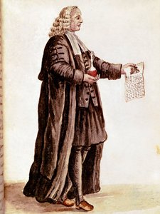 Der Apotheker hält in seinen Händen ein kleines Fläschchen und ein Rezept. Zeichnung aus einem Manuskript von Jan van Grevenbroeck (oder Giovanni Grevembroch) (1731-1807)