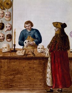 Der Maskenladen, Illustration aus dem illustrierten Buch der venezianischen Kostüme, Italien