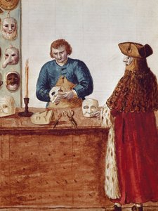 Der Maskenladen des Karnevals von Venedig: Eine maskierte Figur holt eine Maske vom Handwerker ab. Aquarellzeichnung und Tinte aus einem Manuskript von Jan van Grevenbroeck (oder Giovanni Grevembroch) (1731-1807)
