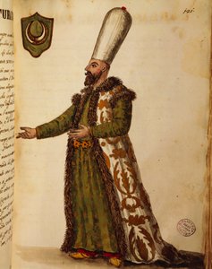 Türkischer Botschafter in Venedig, kolorierte Gravur aus Gli abiti de veneziani (Kostüme der Venezianer), Band II, Tafel 121 von Jan van Grevenbroeck