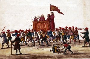 Venezianische Feste. Der gerade gewählte Prinz wird von den Arsenalarbeitern triumphierend zum Markusplatz getragen. Während des Kurses wirft er Münzen auf die Menge. Aquarellzeichnung und Tinte aus dem Manuskript „Bräuche der Venezianer“ von Jan van Grevenbroeck