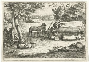 Landschaft mit Karren und Figuren