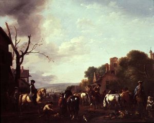 Reiter und Reisende, die in einem Dorf Halt machen von Jan van Huchtenburgh