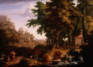 Arkadische Landschaft mit St. Peter und St. Johannes, die den Gelähmten heilen
