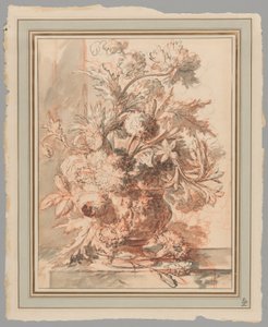 Blumen in einer Urne, verziert mit Putti, auf einem Sockel von Jan van Huysum