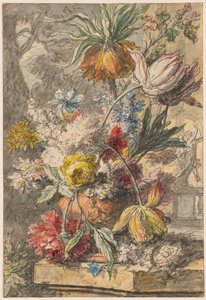 Blumen in einer Urne und Vogelnest auf einem Steinsockel, mit einer Statue von "Apollo und Daphne" im Hintergrund von Jan van Huysum