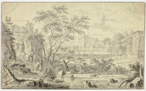 Italienische Landschaft mit Hirte und Herde am Bach, Stadt in der Ferne